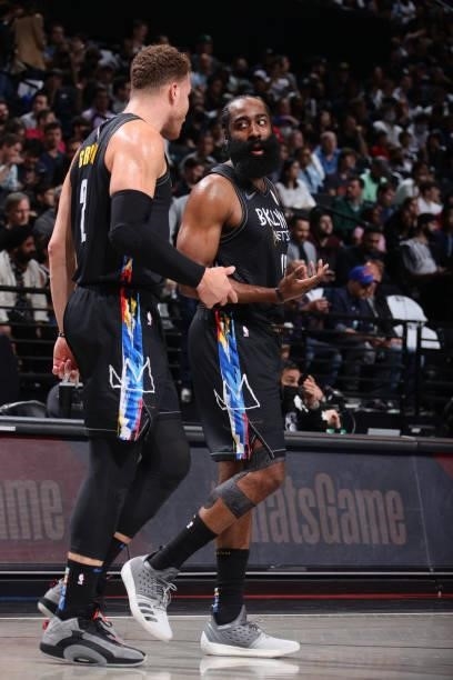 James Harden of the Brooklyn Nets talks to Blake Griffin of the Brooklyn Nets during Round 2, Game 5 of the 2021 NBA Playoffs on June 15, 2021 at...