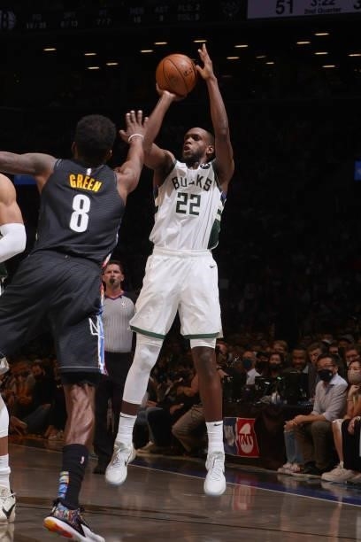 Khris Middleton of the Milwaukee Bucks shoots the ball against the Brooklyn Nets during Round 2, Game 5 of the 2021 NBA Playoffs on June 15, 2021 at...
