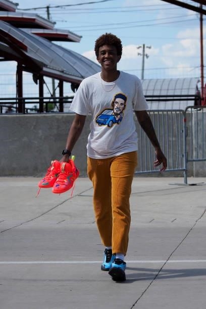 Danielle Robinson of the Indiana Fever arrives to the game against the Seattle Storm on June 15, 2021 at Bankers Life Fieldhouse in Indianapolis,...