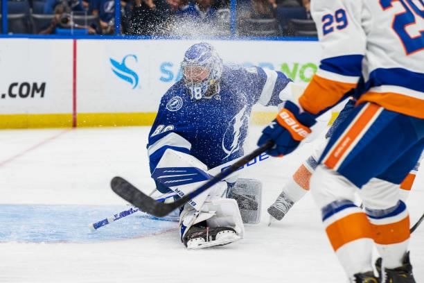Goalie Andrei Vasilevskiy of the Tampa Bay Lightning is sprayed with snow against the New York Islanders during the second period in Game Two of the...