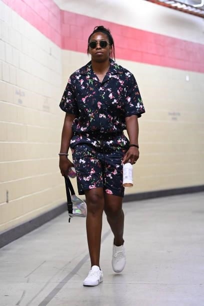 Chelsea Gray of the Las Vegas Aces arrives to the game against the New York Liberty on June 15, 2021 at Michelob ULTRA Arena in Las Vegas, Nevada....