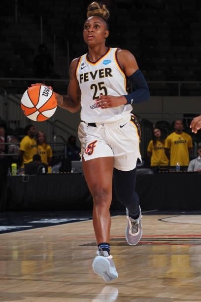 Tiffany Mitchell of the Indiana Fever handles the ball against the Seattle Storm on June 15, 2021 at Bankers Life Fieldhouse in Indianapolis,...
