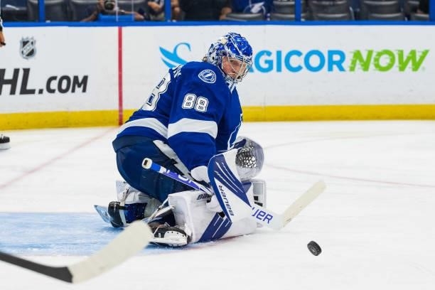 Goalie Andrei Vasilevskiy of the Tampa Bay Lightning makes a save against the New York Islanders during the second period in Game Two of the Stanley...