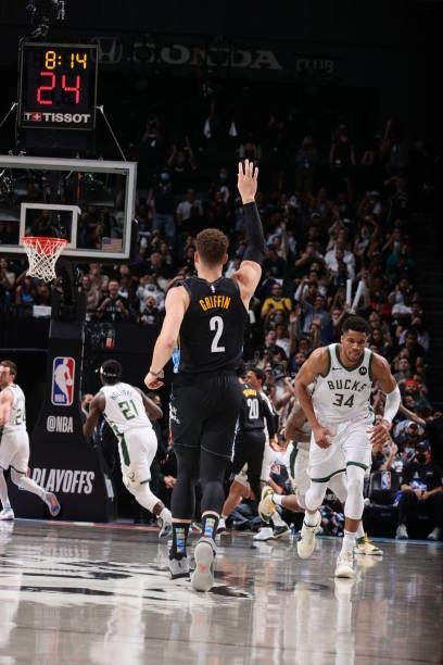 Blake Griffin of the Brooklyn Nets celebrates scoring a 3 point basket against the Milwaukee Bucks during Round 2, Game 5 of the 2021 NBA Playoffs on...