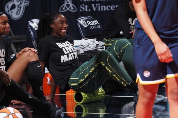 Ezi Magbegor of the Seattle Storm smiles before the game against the Indiana Fever on June 15, 2021 at Bankers Life Fieldhouse in Indianapolis,...