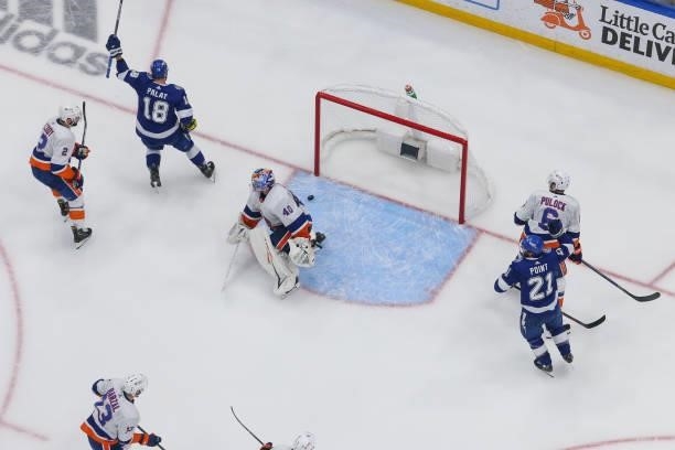 Ondrej Palat of the Tampa Bay Lightning celebrates a goal against goalie Semyon Varlamov of the New York Islanders during the second period in Game...