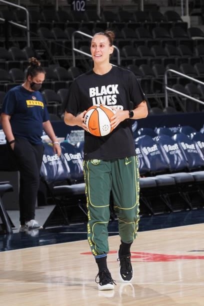 Stephanie Talbot of the Seattle Storm smiles before the game against the Indiana Fever on June 15, 2021 at Bankers Life Fieldhouse in Indianapolis,...