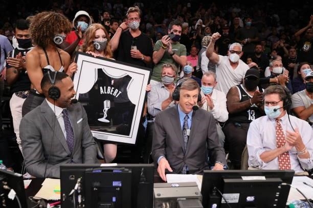 Sportscaster, Marv Albert announces his retirement prior to the game between the Milwaukee Bucks and the Brooklyn Nets during Round 2, Game 5 of the...