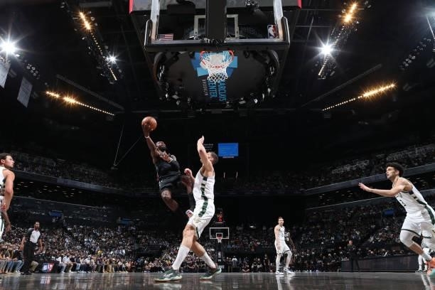 Jeff Green of the Brooklyn Nets drives to the basket against the Milwaukee Bucks during Round 2, Game 5 of the 2021 NBA Playoffs on June 15, 2021 at...