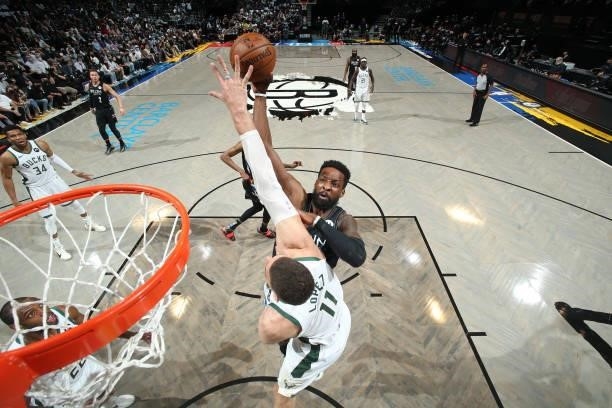 Jeff Green of the Brooklyn Nets shoots the ball against the Milwaukee Bucks during Round 2, Game 5 of the 2021 NBA Playoffs on June 15, 2021 at...