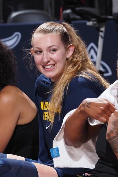 Lauren Cox of the Indiana Fever smiles before the game against the Seattle Storm on June 15, 2021 at Bankers Life Fieldhouse in Indianapolis,...