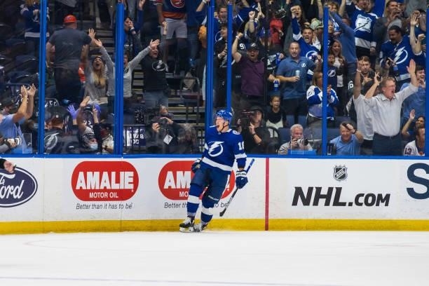 Ondrej Palat of the Tampa Bay Lightning celebrates a goal against the New York Islanders during the second period in Game Two of the Stanley Cup...