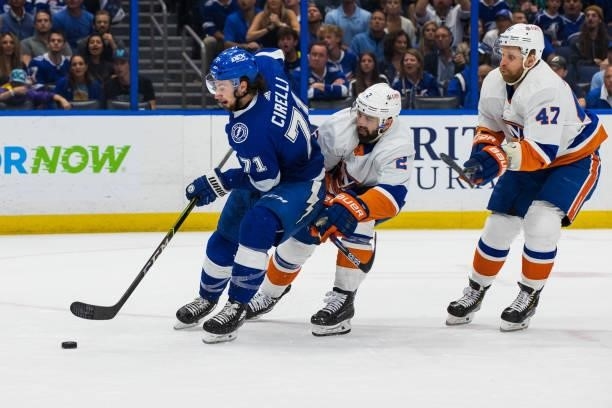 Anthony Cirelli of the Tampa Bay Lightning skates against Nick Leddy of the New York Islanders during the first period in Game Two of the Stanley Cup...