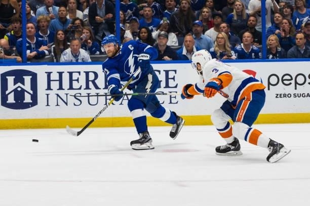 Steven Stamkos of the Tampa Bay Lightning skates against the New York Islanders during the first period in Game Two of the Stanley Cup Semifinals of...