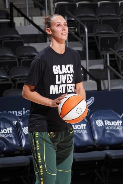 Stephanie Talbot of the Seattle Storm smiles before the game against the Indiana Fever on June 15, 2021 at Bankers Life Fieldhouse in Indianapolis,...