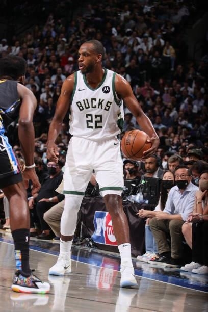 Khris Middleton of the Milwaukee Bucks handles the ball against the Brooklyn Nets during Round 2, Game 5 of the 2021 NBA Playoffs on June 15, 2021 at...