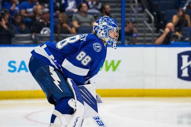 Goalie Andrei Vasilevskiy of the Tampa Bay Lightning skates against the New York Islanders during the second period in Game Two of the Stanley Cup...