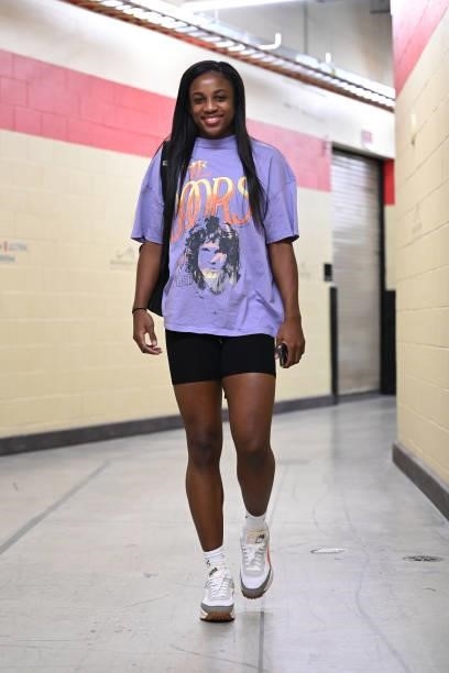 Jackie Young of the Las Vegas Aces arrives to the game against the New York Liberty on June 15, 2021 at Michelob ULTRA Arena in Las Vegas, Nevada....
