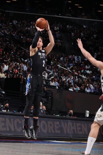 Blake Griffin of the Brooklyn Nets shoots a three point basket against the Milwaukee Bucks during Round 2, Game 5 of the 2021 NBA Playoffs on June...