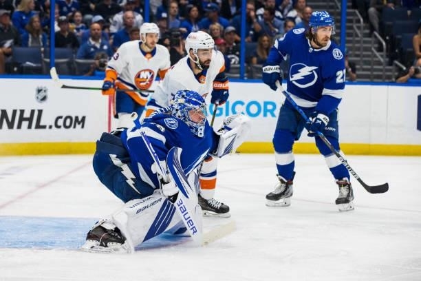 Goalie Andrei Vasilevskiy of the Tampa Bay Lightning tends net against Jordan Eberle of the New York Islanders during the second period in Game Two...