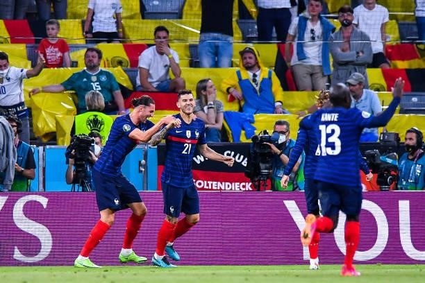 Lucas HERNANDEZ of France celebtates with Adrien RABIOT of France during the UEFA European Championship football match between France and Allemagne...