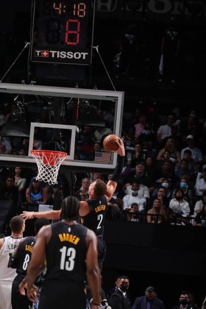 Blake Griffin of the Brooklyn Nets dunks the ball against the Milwaukee Bucks during Round 2, Game 5 of the 2021 NBA Playoffs on June 15, 2021 at...