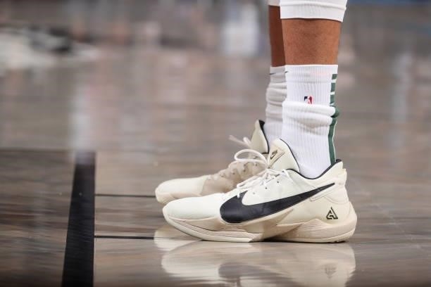The sneakers worn by Giannis Antetokounmpo of the Milwaukee Bucks during Round 2, Game 5 of the 2021 NBA Playoffs on June 15, 2021 at Barclays Center...
