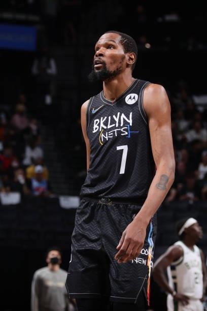 Kevin Durant of the Brooklyn Nets looks on during Round 2, Game 5 of the 2021 NBA Playoffs on June 15, 2021 at Barclays Center in Brooklyn, New York....