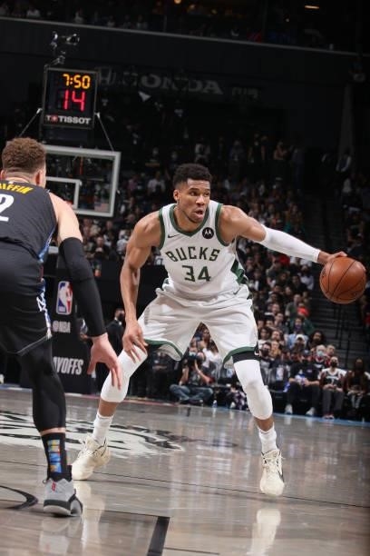 Giannis Antetokounmpo of the Milwaukee Bucks handles the ball against the Brooklyn Nets during Round 2, Game 5 of the 2021 NBA Playoffs on June 15,...