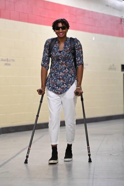Angel McCoughtry of the Las Vegas Aces arrives to the game against the New York Liberty on June 15, 2021 at Michelob ULTRA Arena in Las Vegas,...