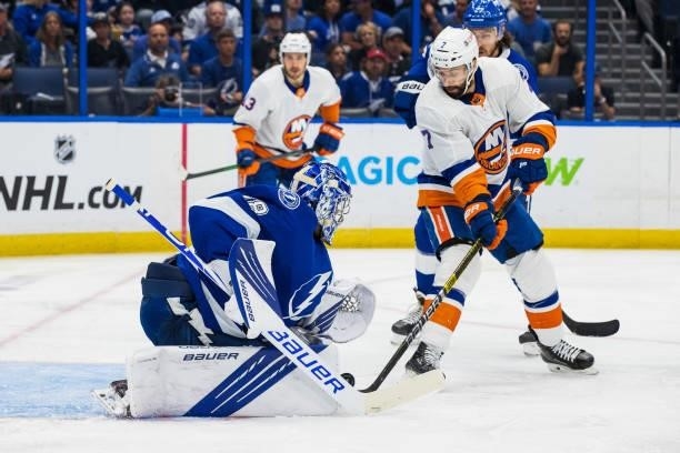 Goalie Andrei Vasilevskiy of the Tampa Bay Lightning tends net against Jordan Eberle of the New York Islanders during the second period in Game Two...