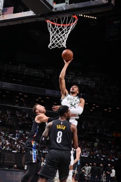Giannis Antetokounmpo of the Milwaukee Bucks shoots the ball against the Brooklyn Nets during Round 2, Game 5 of the 2021 NBA Playoffs on June 15,...
