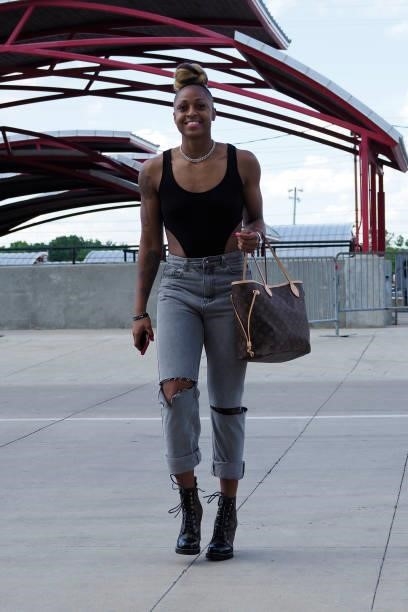 Tiffany Mitchell of the Indiana Fever arrives to the game against the Seattle Storm on June 15, 2021 at Bankers Life Fieldhouse in Indianapolis,...