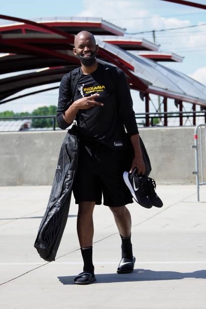 Assistant Coach, Jhared Simpson arrives to the game against the Seattle Storm on June 15, 2021 at Bankers Life Fieldhouse in Indianapolis, Indiana....