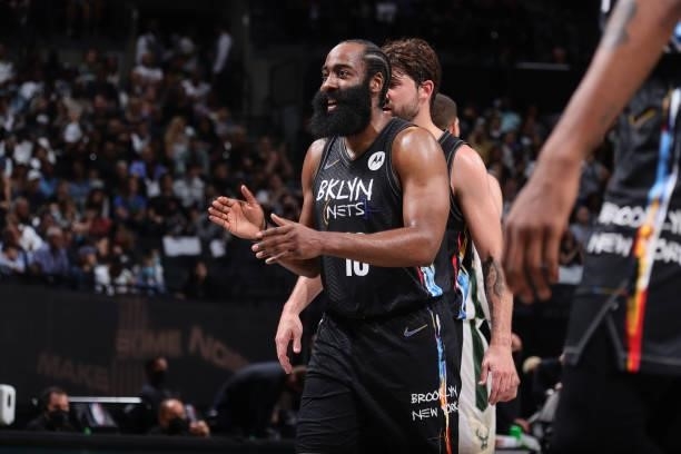 James Harden of the Brooklyn Nets smiles during Round 2, Game 5 of the 2021 NBA Playoffs on June 15, 2021 at Barclays Center in Brooklyn, New York....