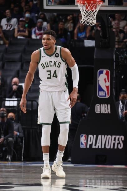 Giannis Antetokounmpo of the Milwaukee Bucks looks on during Round 2, Game 5 of the 2021 NBA Playoffs on June 15, 2021 at Barclays Center in...