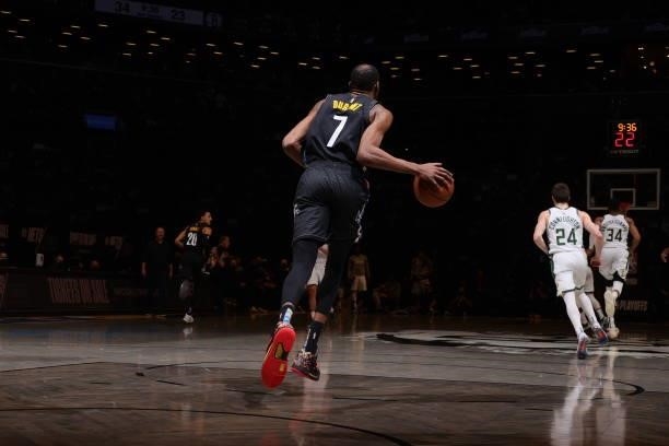 Kevin Durant of the Brooklyn Nets dribble the ball down court during Round 2, Game 5 of the 2021 NBA Playoffs on June 15, 2021 at Barclays Center in...