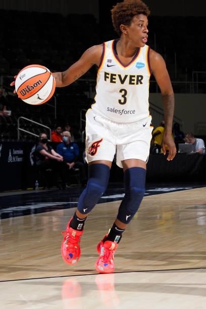 Danielle Robinson of the Indiana Fever handles the ball against the Seattle Storm on June 15, 2021 at Bankers Life Fieldhouse in Indianapolis,...