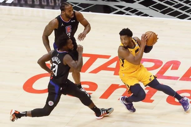 Donovan Mitchell of the Utah Jazz handles the ball against the LA Clippers during Round 2, Game 4 of 2021 NBA Playoffs on June 14, 2021 at STAPLES...