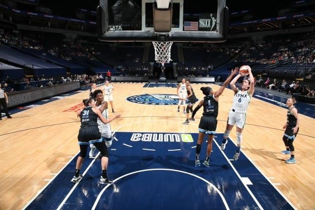 Bridget Carleton of the Minnesota Lynx shoots the ball during the game against the Chicago Sky on June 15, 2021 at Target Center in Minneapolis,...