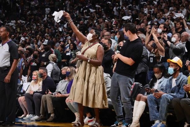 Mother of Kevin Durant of the Brooklyn Nets cheers during Round 2, Game 5 of the 2021 NBA Playoffs on June 15, 2021 at Barclays Center in Brooklyn,...