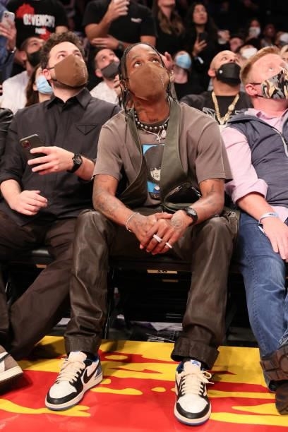 Rapper, Travis Scott attends the game between the Milwaukee Bucks and the Brooklyn Nets during Round 2, Game 5 of the 2021 NBA Playoffs on June 15,...