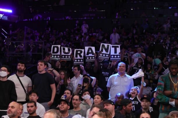 Brooklyn Nets fans cheer during Round 2, Game 5 of the 2021 NBA Playoffs on June 15, 2021 at Barclays Center in Brooklyn, New York. NOTE TO USER:...