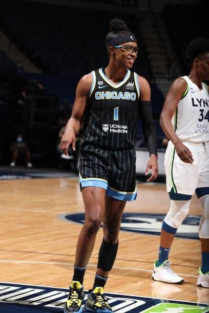 Diamond DeShields of the Chicago Sky smiles during the game against the Minnesota Lynx on June 15, 2021 at Target Center in Minneapolis, Minnesota....