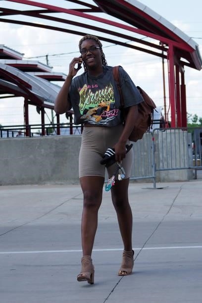 Jantel Lavender of the Indiana Fever arrives to the game against the Seattle Storm on June 15, 2021 at Bankers Life Fieldhouse in Indianapolis,...