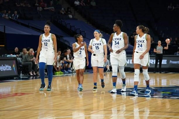 The Minnesota Lynx talk during the game against the Chicago Sky on June 15, 2021 at Target Center in Minneapolis, Minnesota. NOTE TO USER: User...