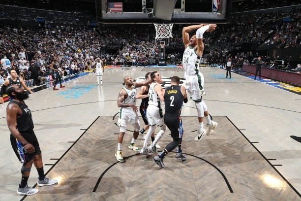 Giannis Antetokounmpo of the Milwaukee Bucks dunks the ball against the Brooklyn Nets during Round 2, Game 5 of the 2021 NBA Playoffs on June 15,...