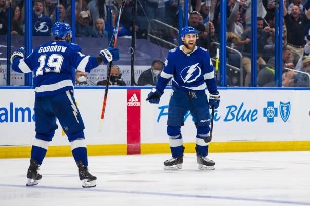 Jan Rutta of the Tampa Bay Lightning celebrates his goal against the New York Islanders during the third period in Game Two of the Stanley Cup...