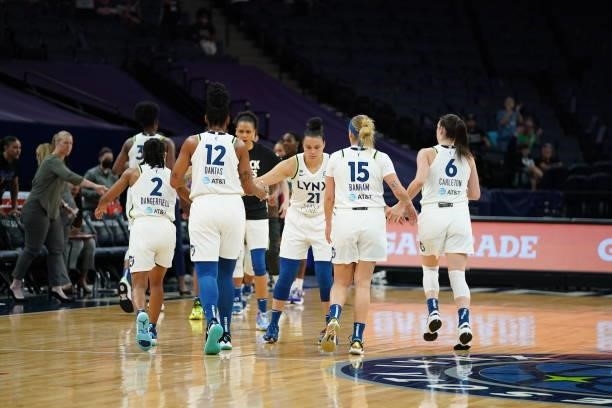 The Minnesota Lynx high five during the game against the Chicago Sky on June 15, 2021 at Target Center in Minneapolis, Minnesota. NOTE TO USER: User...