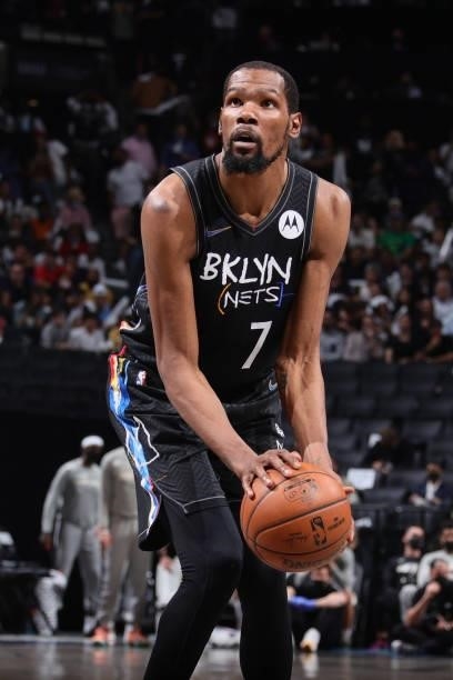 Kevin Durant of the Brooklyn Nets shoots a free throw against the Milwaukee Bucks during Round 2, Game 5 of the 2021 NBA Playoffs on June 15, 2021 at...